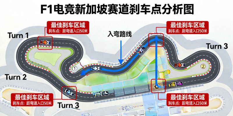 F1电竞新加坡赛道刹车点分析图 - 显示滨海湾街道赛各弯道的最佳刹车区域与入弯路线