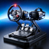 全新竞速电竞模拟器设备展示 - 高科技方向盘、踏板与VR头显组成的训练系统
